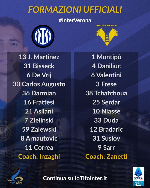 #InterVerona Formazioni ufficiali 
Fischio d'inizio ore 20,45